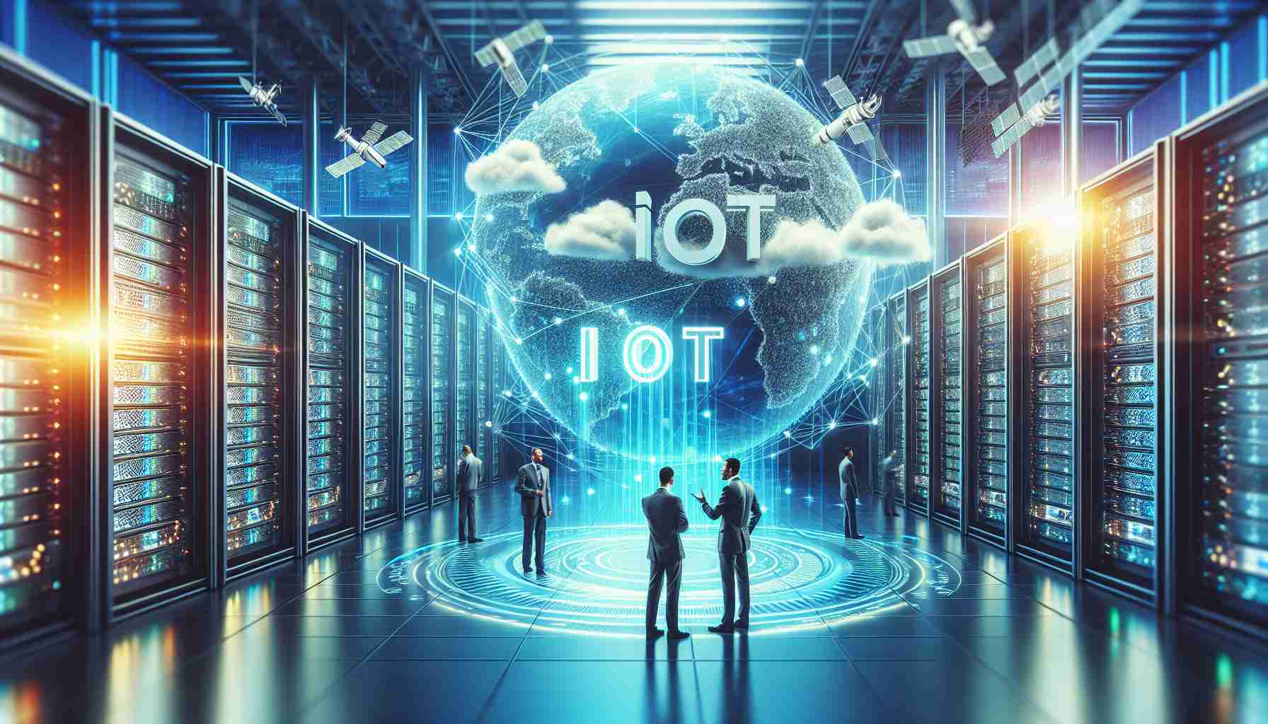 Create a high definition, realistic representation of an innovative concept related to Internet of Things (IoT). Picture an organization called 'Eseye' joining forces with a company named 'Sateliot' in order to develop a global connectivity solution. The atmosphere should be filled with excitement and optimism, revealing futuristic technology and advanced equipment. Show server racks in the background, symbolizing a robust infrastructure for digital communication and connectivity.