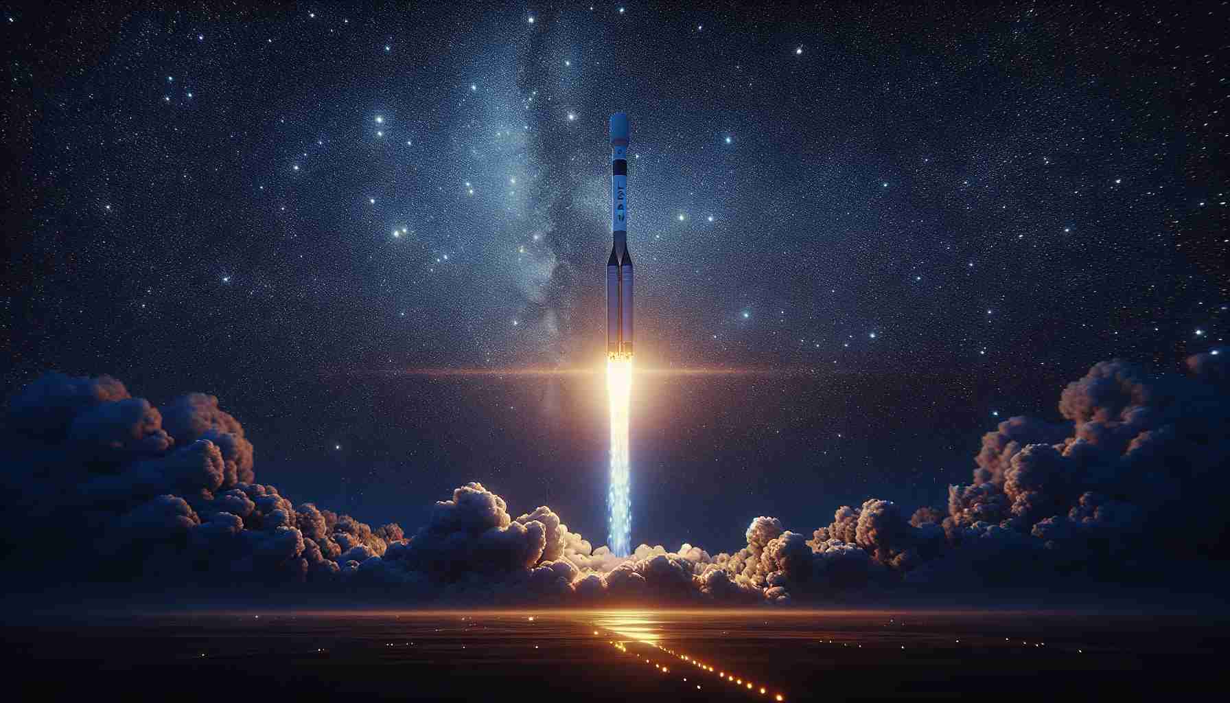 Generate a realistic high-definition image showcasing a Starlink Launch; a symbol of the internet revolution led by a private space exploration company. The scene should display a dramatic space launch, with a rocket ascending against a stark night sky, decorated with twinkling stars. The distant horizon shows early signs of dawn, and the ground below illuminates with the light of the launch. This animation shows the rapid advancement in internet networking from space, symbolizing a major shift in technology.