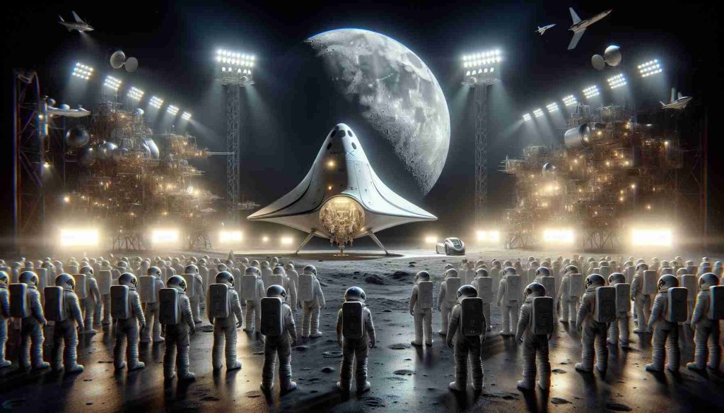 A detailed, high-definition image of a conceptual scene representing the preparation for lunar discovery. It features SpaceX's Starship spacecraft in the foreground, ready for takeoff. The spaceship basks under the glow of spotlights, drawing attention to its intricate design and grandeur. In the background, the imminent destination: the moon, with its luminescent gray body lighting up the night sky. The scene also includes a diverse group of astronauts, comprising men and women of various descents such as Hispanic, Middle-Eastern, Black, and Caucasian, each adorned in their luminary white spacesuits, eager for the journey towards lunar exploration.