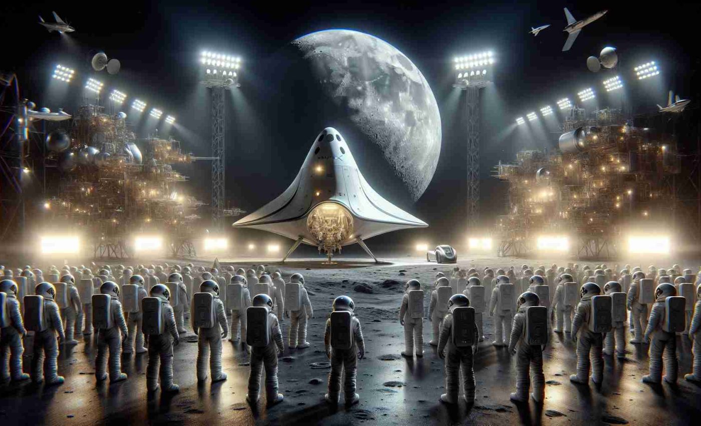 A detailed, high-definition image of a conceptual scene representing the preparation for lunar discovery. It features SpaceX's Starship spacecraft in the foreground, ready for takeoff. The spaceship basks under the glow of spotlights, drawing attention to its intricate design and grandeur. In the background, the imminent destination: the moon, with its luminescent gray body lighting up the night sky. The scene also includes a diverse group of astronauts, comprising men and women of various descents such as Hispanic, Middle-Eastern, Black, and Caucasian, each adorned in their luminary white spacesuits, eager for the journey towards lunar exploration.