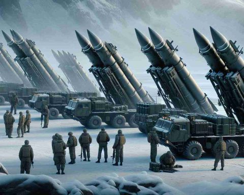 Realistic high-definition image of a hypothetical scenario where strategic missile maneuvers are being conducted. Different types of missiles are being positioned, ready for simulated launch, as a response to perceived military activities. The scene is set in a cold, snow-covered landscape reminiscent of Russia. Military personnel, a mix of male and female with diverse descents such as Caucasian, Black, and Hispanic are working together, ensuring the operation runs smoothly.