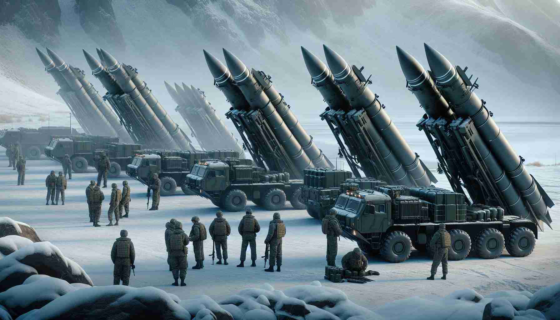 Realistic high-definition image of a hypothetical scenario where strategic missile maneuvers are being conducted. Different types of missiles are being positioned, ready for simulated launch, as a response to perceived military activities. The scene is set in a cold, snow-covered landscape reminiscent of Russia. Military personnel, a mix of male and female with diverse descents such as Caucasian, Black, and Hispanic are working together, ensuring the operation runs smoothly.