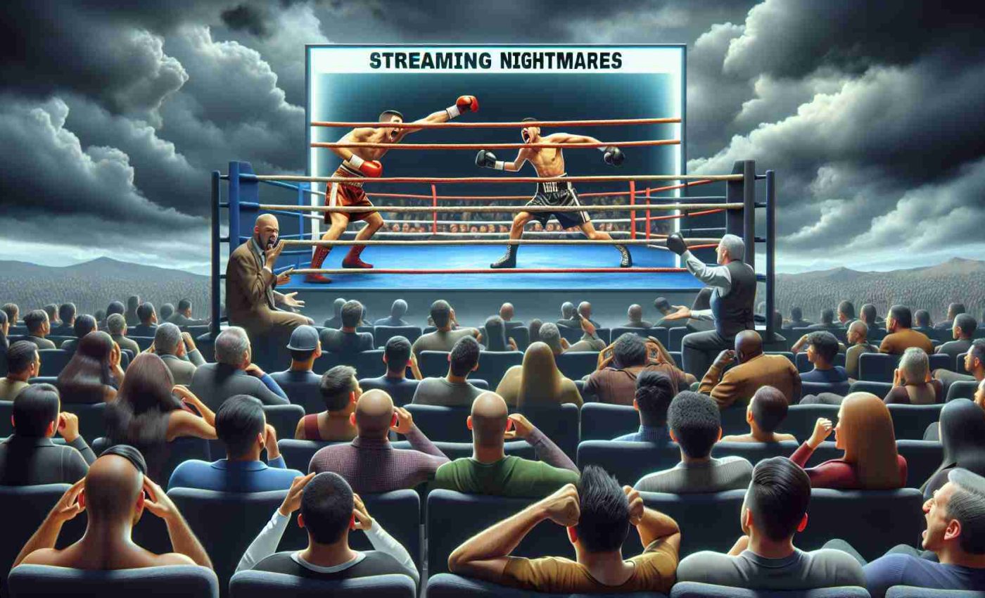 A realistic HD depiction of a scene titled 'Streaming Nightmares: Frustrated Fans Experience Interruptions During a Major Boxing Event'. Visualize viewers of different descents, some male and others female, expressing dissatisfaction in front of their screens due to the streaming struggles they are facing during a significant showdown between two nondescript, anonymous boxers.