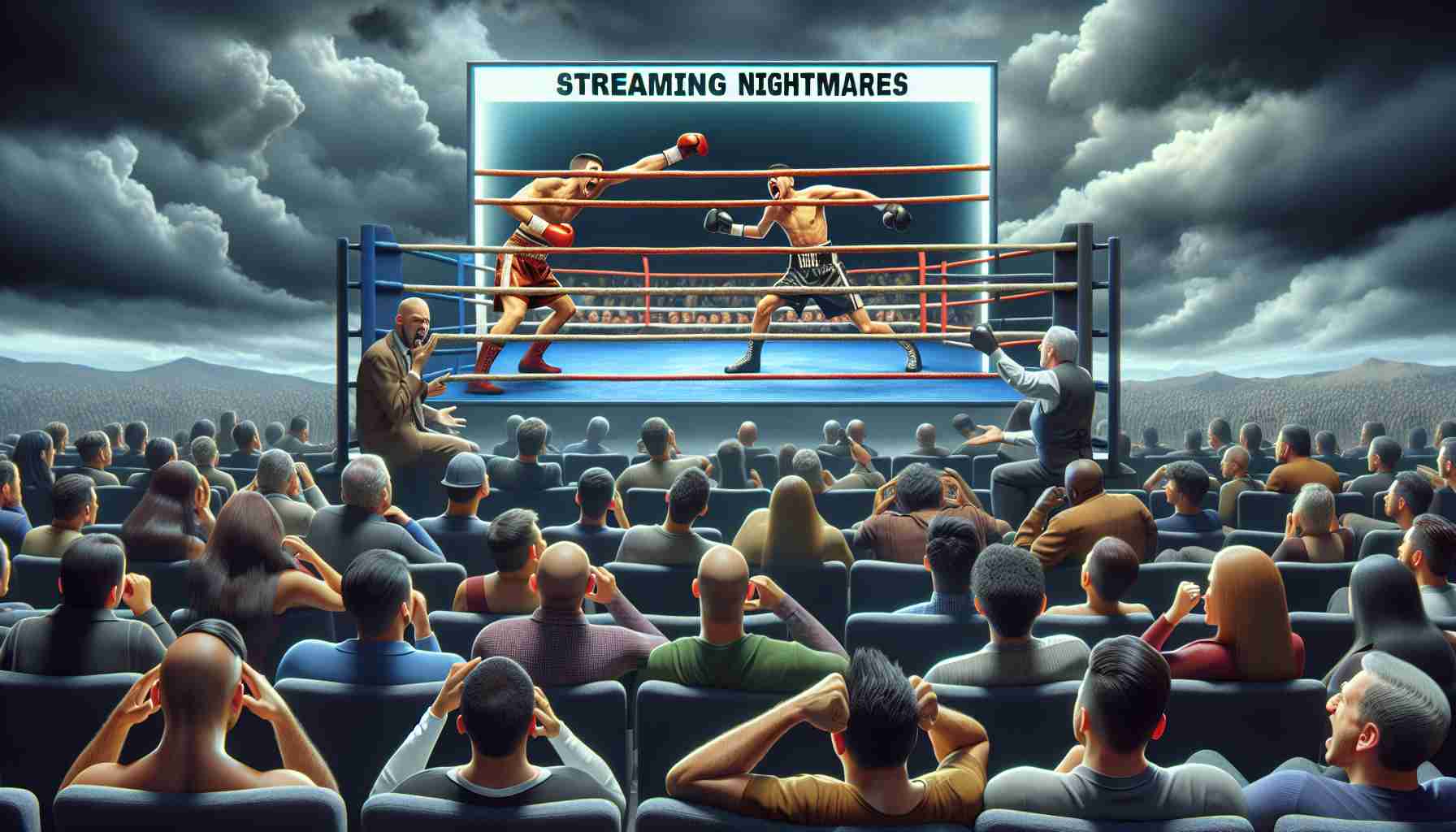 A realistic HD depiction of a scene titled 'Streaming Nightmares: Frustrated Fans Experience Interruptions During a Major Boxing Event'. Visualize viewers of different descents, some male and others female, expressing dissatisfaction in front of their screens due to the streaming struggles they are facing during a significant showdown between two nondescript, anonymous boxers.