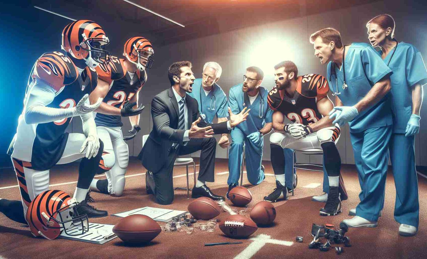 High-definition, realistic photo representing an American football team, the Cincinnati Bengals, welcoming new members into their team structure. Capture the dynamic nature of the sporting world, with scenes depicting the team's coaching staff passionately discussing strategies and plays. Also present should be imagery indicating the team's dedication to the health and fitness of its players, suggested by medical staff members in the foreground attending to athletic player's injuries. The atmosphere should be one of excitement, anticipation, and perseverance.