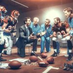 High-definition, realistic photo representing an American football team, the Cincinnati Bengals, welcoming new members into their team structure. Capture the dynamic nature of the sporting world, with scenes depicting the team's coaching staff passionately discussing strategies and plays. Also present should be imagery indicating the team's dedication to the health and fitness of its players, suggested by medical staff members in the foreground attending to athletic player's injuries. The atmosphere should be one of excitement, anticipation, and perseverance.