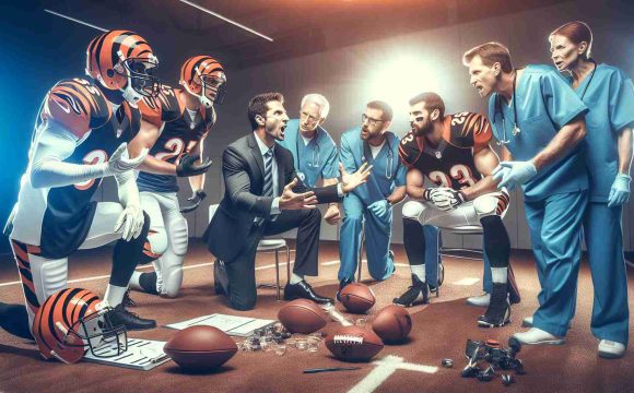 High-definition, realistic photo representing an American football team, the Cincinnati Bengals, welcoming new members into their team structure. Capture the dynamic nature of the sporting world, with scenes depicting the team's coaching staff passionately discussing strategies and plays. Also present should be imagery indicating the team's dedication to the health and fitness of its players, suggested by medical staff members in the foreground attending to athletic player's injuries. The atmosphere should be one of excitement, anticipation, and perseverance.