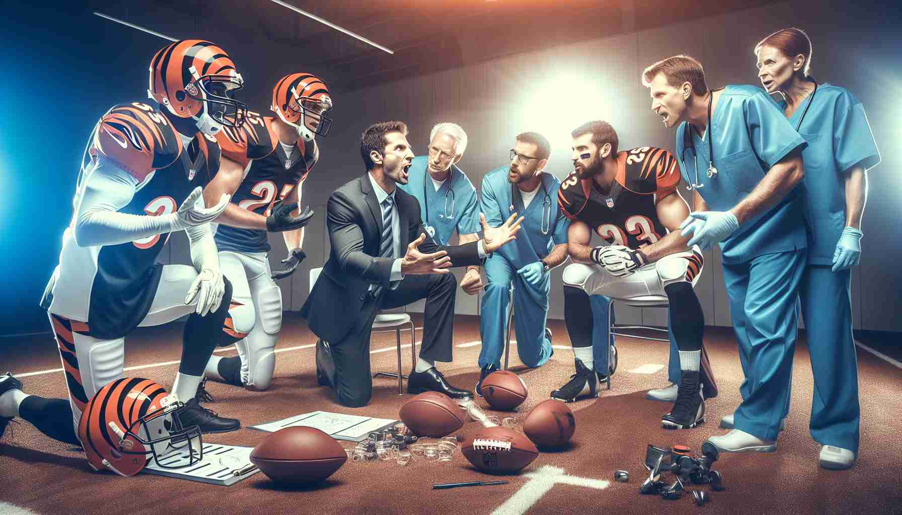 High-definition, realistic photo representing an American football team, the Cincinnati Bengals, welcoming new members into their team structure. Capture the dynamic nature of the sporting world, with scenes depicting the team's coaching staff passionately discussing strategies and plays. Also present should be imagery indicating the team's dedication to the health and fitness of its players, suggested by medical staff members in the foreground attending to athletic player's injuries. The atmosphere should be one of excitement, anticipation, and perseverance.