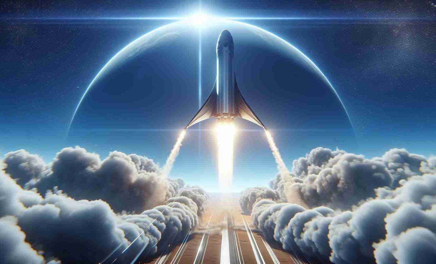 Generate a high-definition realistic image of a new era of space exploration, representing a private company launching their starship. The scene captures the starship as it ascends, leaving trails of smoke behind. The background features a clear blue sky and a sense of awe and anticipations fills the atmosphere.