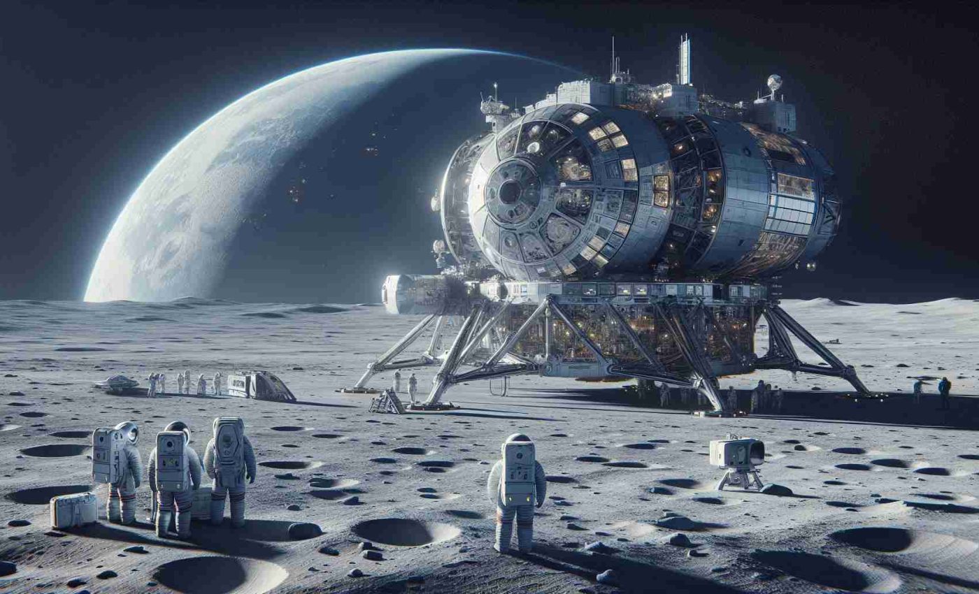 Detailed realistic high-definition image illustrating the future concept of lunar landings by an international space organization. The image should include the lunar surface, the imposing spacecraft designed for lunar exploration, astronauts of various descent and gender preparing for exit, and the distant view of Earth.