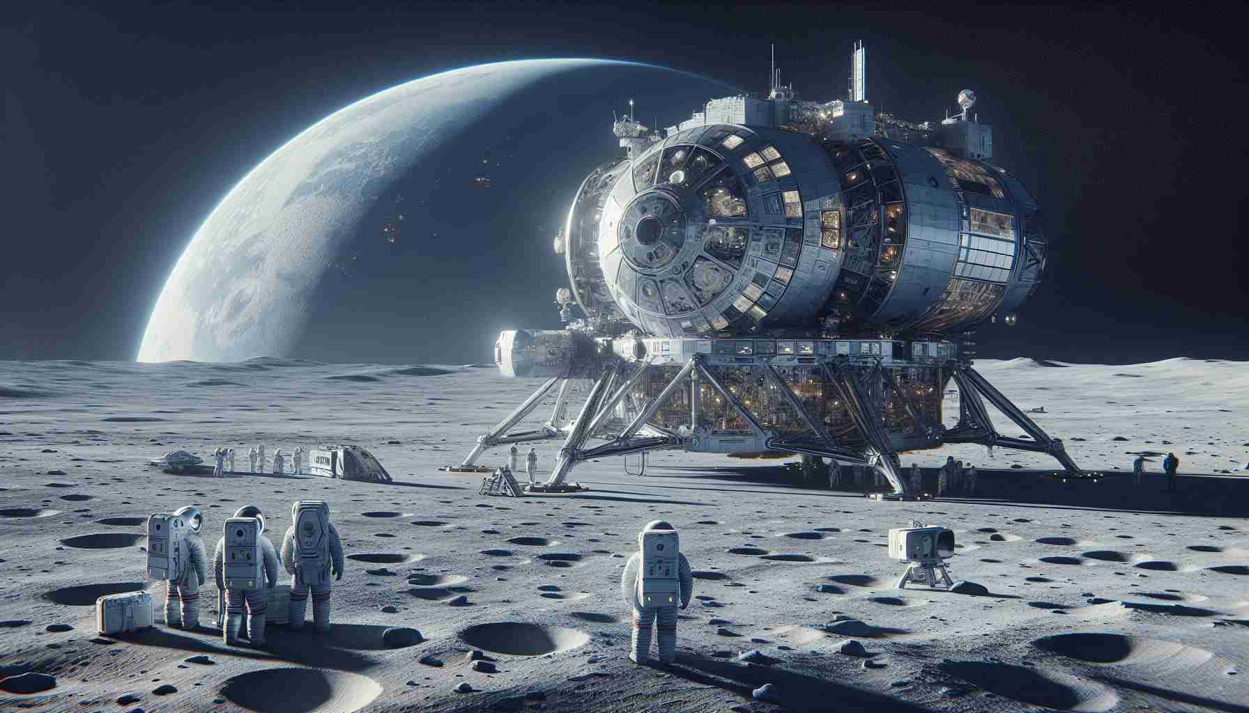 Detailed realistic high-definition image illustrating the future concept of lunar landings by an international space organization. The image should include the lunar surface, the imposing spacecraft designed for lunar exploration, astronauts of various descent and gender preparing for exit, and the distant view of Earth.