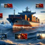 Realistic high-definition representation of a metaphorical scenario where a massive Chinese cargo ship is perceived as a potential threat to the security of a collective defense organization similar to NATO. The scene involves the cargo ship navigating boldly on international waters, while subtle signs of tension such as unsettled waves, knitted brows of sailors, and heightened vigilance at a nearby naval base can be observed in the forefront. It should have an aesthetic that reflects real-time geopolitical events and potential conflict.