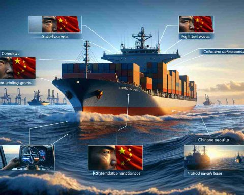 Realistic high-definition representation of a metaphorical scenario where a massive Chinese cargo ship is perceived as a potential threat to the security of a collective defense organization similar to NATO. The scene involves the cargo ship navigating boldly on international waters, while subtle signs of tension such as unsettled waves, knitted brows of sailors, and heightened vigilance at a nearby naval base can be observed in the forefront. It should have an aesthetic that reflects real-time geopolitical events and potential conflict.