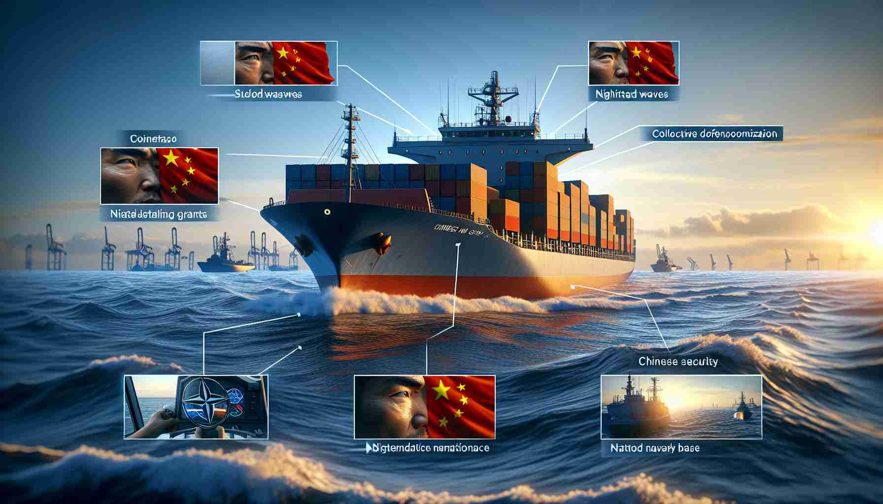 Realistic high-definition representation of a metaphorical scenario where a massive Chinese cargo ship is perceived as a potential threat to the security of a collective defense organization similar to NATO. The scene involves the cargo ship navigating boldly on international waters, while subtle signs of tension such as unsettled waves, knitted brows of sailors, and heightened vigilance at a nearby naval base can be observed in the forefront. It should have an aesthetic that reflects real-time geopolitical events and potential conflict.