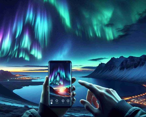 Generate a hyper-realistic, high-definition image portraying an evening scene where one is using a smartphone application to view the magnificent spectacle of the Northern Lights. Display vibrant colors inherent in this phenomenon, predominantly green, blue, violet and sometimes yellow or pink, illuminating the dark night sky. The person should be seen holding a modern smartphone, with a screen displaying an application that aids in viewing this natural wonder, emphasizing the union of technology and nature.