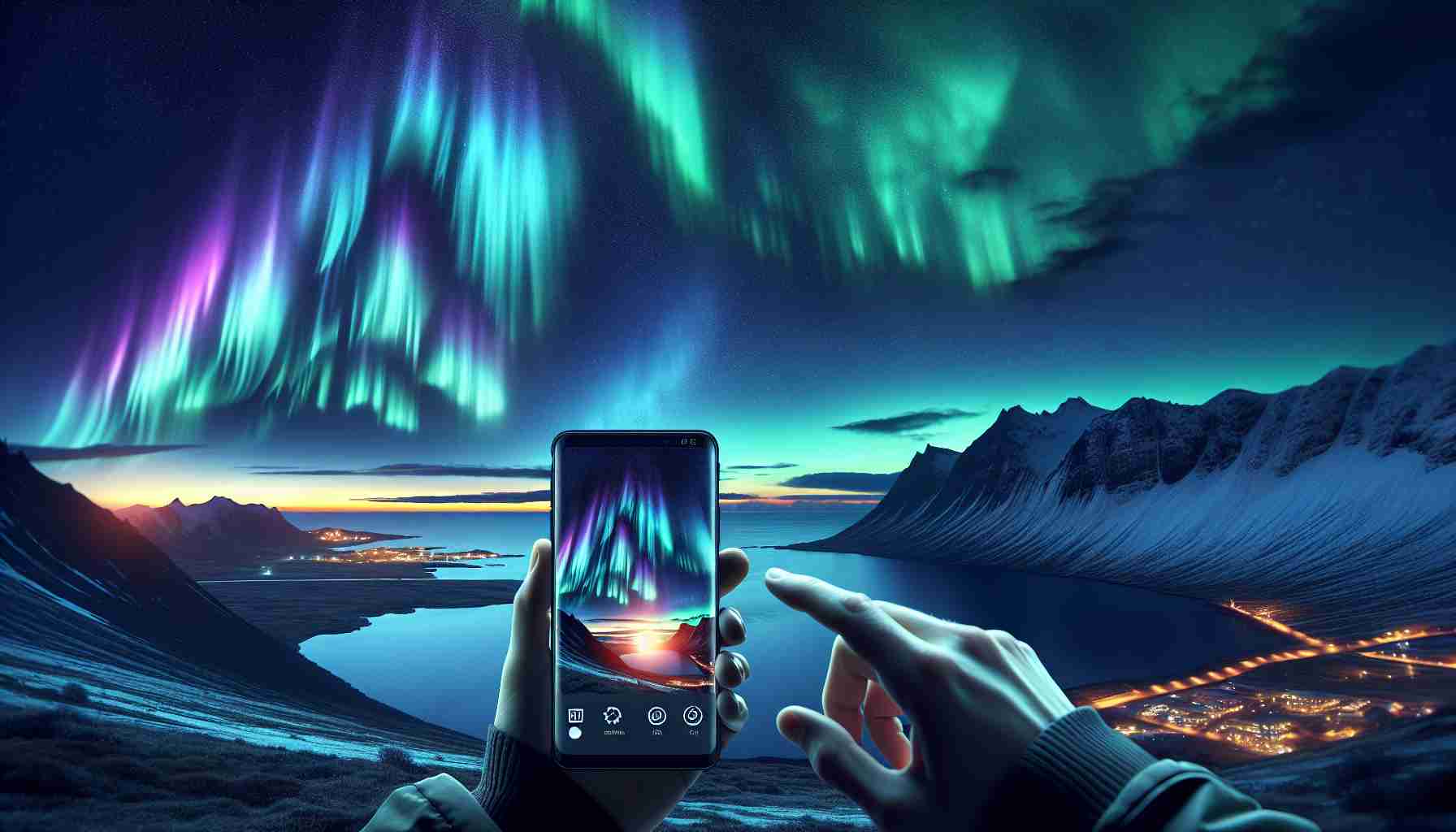 Generate a hyper-realistic, high-definition image portraying an evening scene where one is using a smartphone application to view the magnificent spectacle of the Northern Lights. Display vibrant colors inherent in this phenomenon, predominantly green, blue, violet and sometimes yellow or pink, illuminating the dark night sky. The person should be seen holding a modern smartphone, with a screen displaying an application that aids in viewing this natural wonder, emphasizing the union of technology and nature.