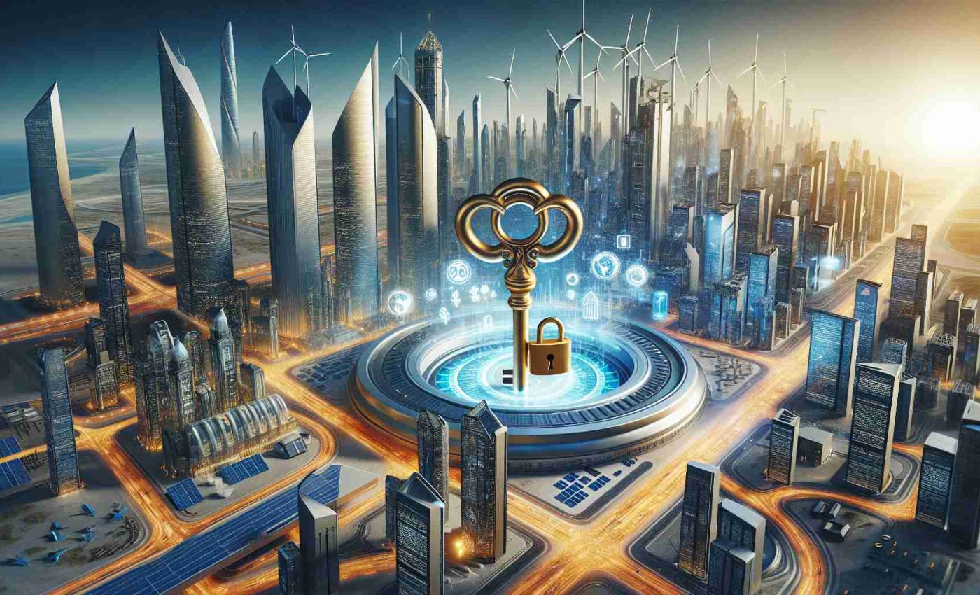 A high-definition illustration capturing the essence of the concept 'Unlocking the Future'. At the heart of this image, depict a large, symbolic golden key turning in a lock within a futuristic cityscape, representing the GCC economies . Packed with advanced infrastructures, bustling with economic activities. Backdrop of skyscrapers with renewable energy sources like solar panels and wind turbines, reflecting them as essential elements of successful economic growth.