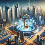 A high-definition illustration capturing the essence of the concept 'Unlocking the Future'. At the heart of this image, depict a large, symbolic golden key turning in a lock within a futuristic cityscape, representing the GCC economies . Packed with advanced infrastructures, bustling with economic activities. Backdrop of skyscrapers with renewable energy sources like solar panels and wind turbines, reflecting them as essential elements of successful economic growth.