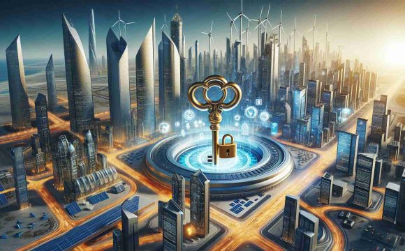 A high-definition illustration capturing the essence of the concept 'Unlocking the Future'. At the heart of this image, depict a large, symbolic golden key turning in a lock within a futuristic cityscape, representing the GCC economies . Packed with advanced infrastructures, bustling with economic activities. Backdrop of skyscrapers with renewable energy sources like solar panels and wind turbines, reflecting them as essential elements of successful economic growth.