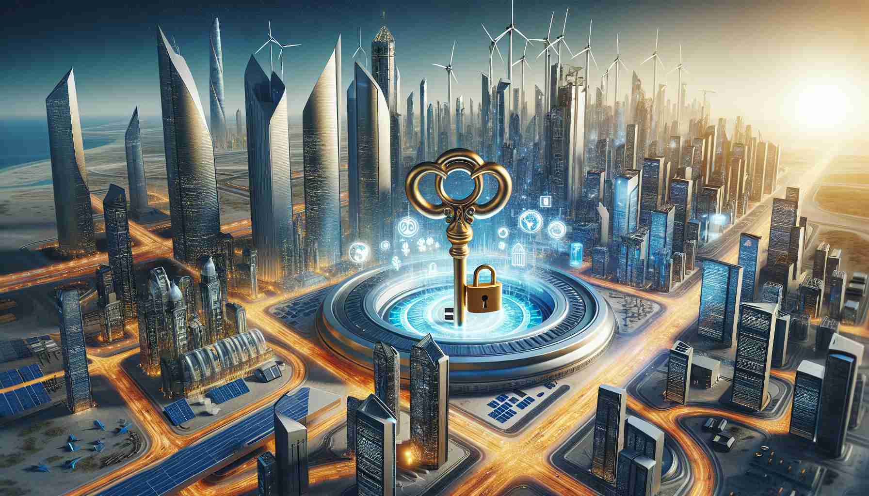 A high-definition illustration capturing the essence of the concept 'Unlocking the Future'. At the heart of this image, depict a large, symbolic golden key turning in a lock within a futuristic cityscape, representing the GCC economies . Packed with advanced infrastructures, bustling with economic activities. Backdrop of skyscrapers with renewable energy sources like solar panels and wind turbines, reflecting them as essential elements of successful economic growth.