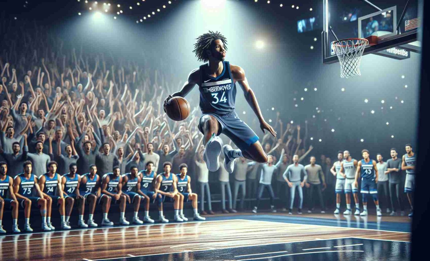 Realistic high-definition photograph of a basketball match featuring a newly-emerging star basketball player in an astonishing performance, leading his team, the Timberwolves, to victory. The scene captures the player in mid-action, perfectly exhibiting agility, athleticism, and determination. The crowds in the background are electrified by the remarkable display, adding an extra layer of dynamism to the scene.