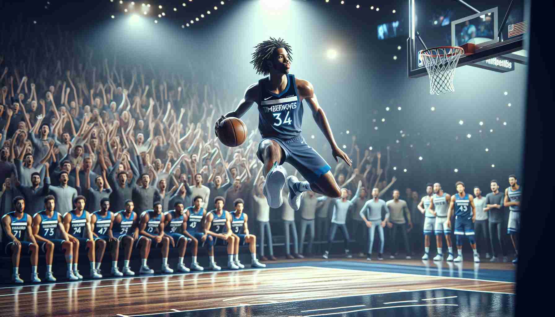 Realistic high-definition photograph of a basketball match featuring a newly-emerging star basketball player in an astonishing performance, leading his team, the Timberwolves, to victory. The scene captures the player in mid-action, perfectly exhibiting agility, athleticism, and determination. The crowds in the background are electrified by the remarkable display, adding an extra layer of dynamism to the scene.