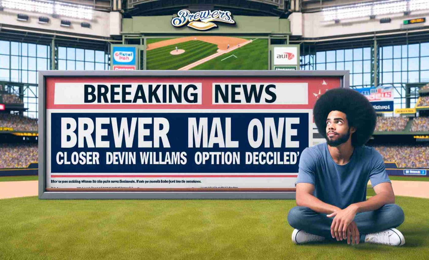 Generate a realistic high-definition photo of a breaking news banner displaying the headline: 'Brewers Make Bold Move: Closer Devin Williams Option Declined'. The banner should be amidst a baseball stadium setting filled with spectators.