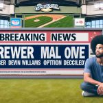 Generate a realistic high-definition photo of a breaking news banner displaying the headline: 'Brewers Make Bold Move: Closer Devin Williams Option Declined'. The banner should be amidst a baseball stadium setting filled with spectators.