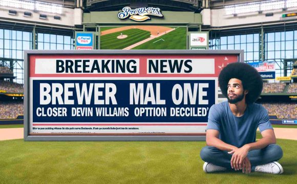 Generate a realistic high-definition photo of a breaking news banner displaying the headline: 'Brewers Make Bold Move: Closer Devin Williams Option Declined'. The banner should be amidst a baseball stadium setting filled with spectators.