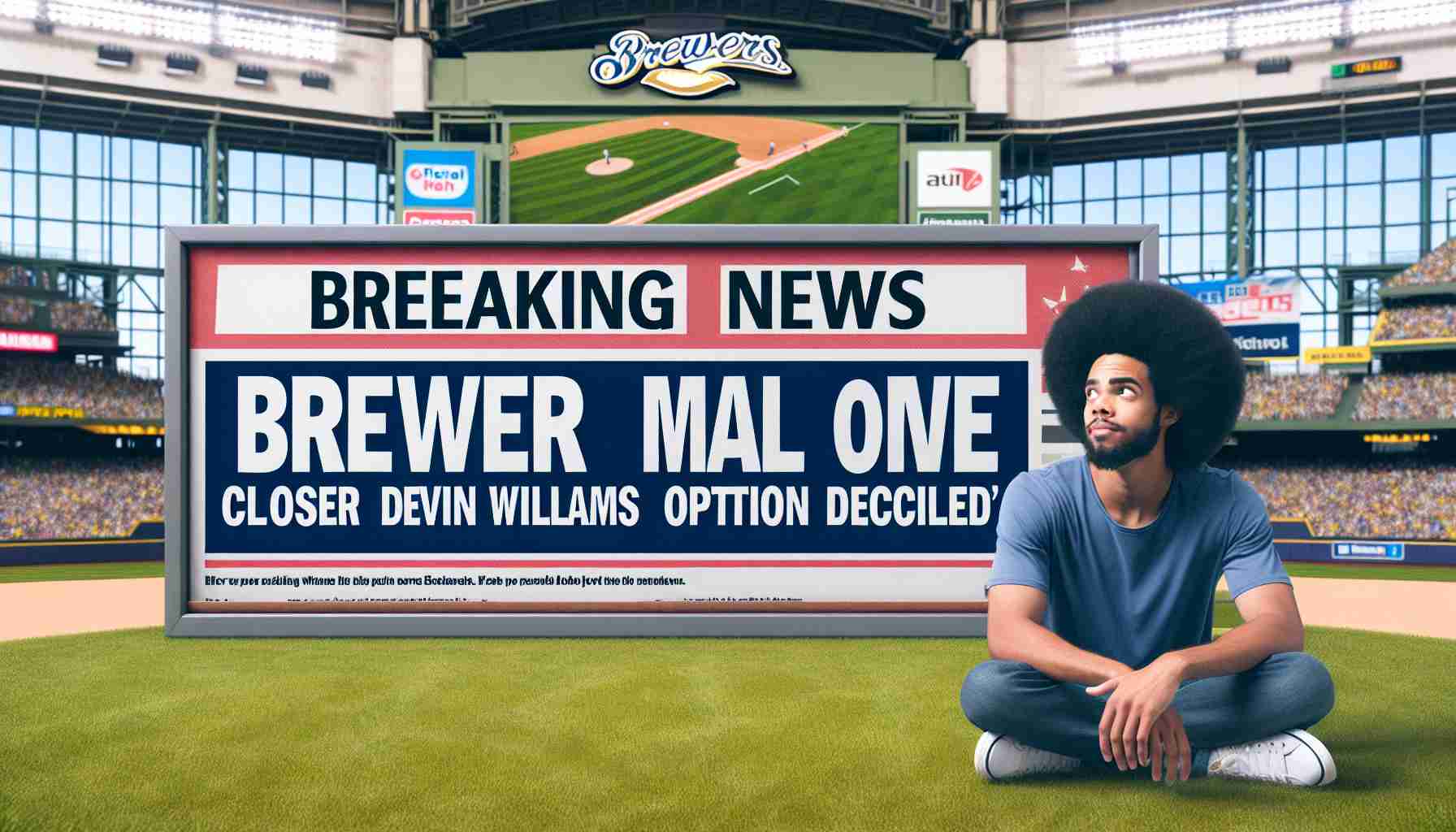 Generate a realistic high-definition photo of a breaking news banner displaying the headline: 'Brewers Make Bold Move: Closer Devin Williams Option Declined'. The banner should be amidst a baseball stadium setting filled with spectators.