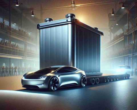 Realistically detailed high-definition image portraying the concept of a Bold Battery Bet by an unnamed electric vehicle company. It's unknown whether it's a game-changing innovation or just a marketing gimmick. The scene includes a futuristic battery that is disproportionately large in comparison to the sleek electric vehicle it's designed for, highlighting the boldness of the bet. The backdrop could feature a blend of skepticism and excitement symbolized by mixed reactions from onlookers in the distance.