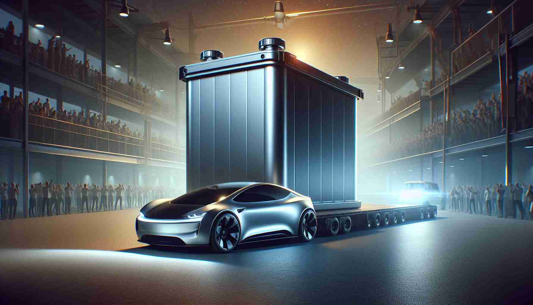 Realistically detailed high-definition image portraying the concept of a Bold Battery Bet by an unnamed electric vehicle company. It's unknown whether it's a game-changing innovation or just a marketing gimmick. The scene includes a futuristic battery that is disproportionately large in comparison to the sleek electric vehicle it's designed for, highlighting the boldness of the bet. The backdrop could feature a blend of skepticism and excitement symbolized by mixed reactions from onlookers in the distance.