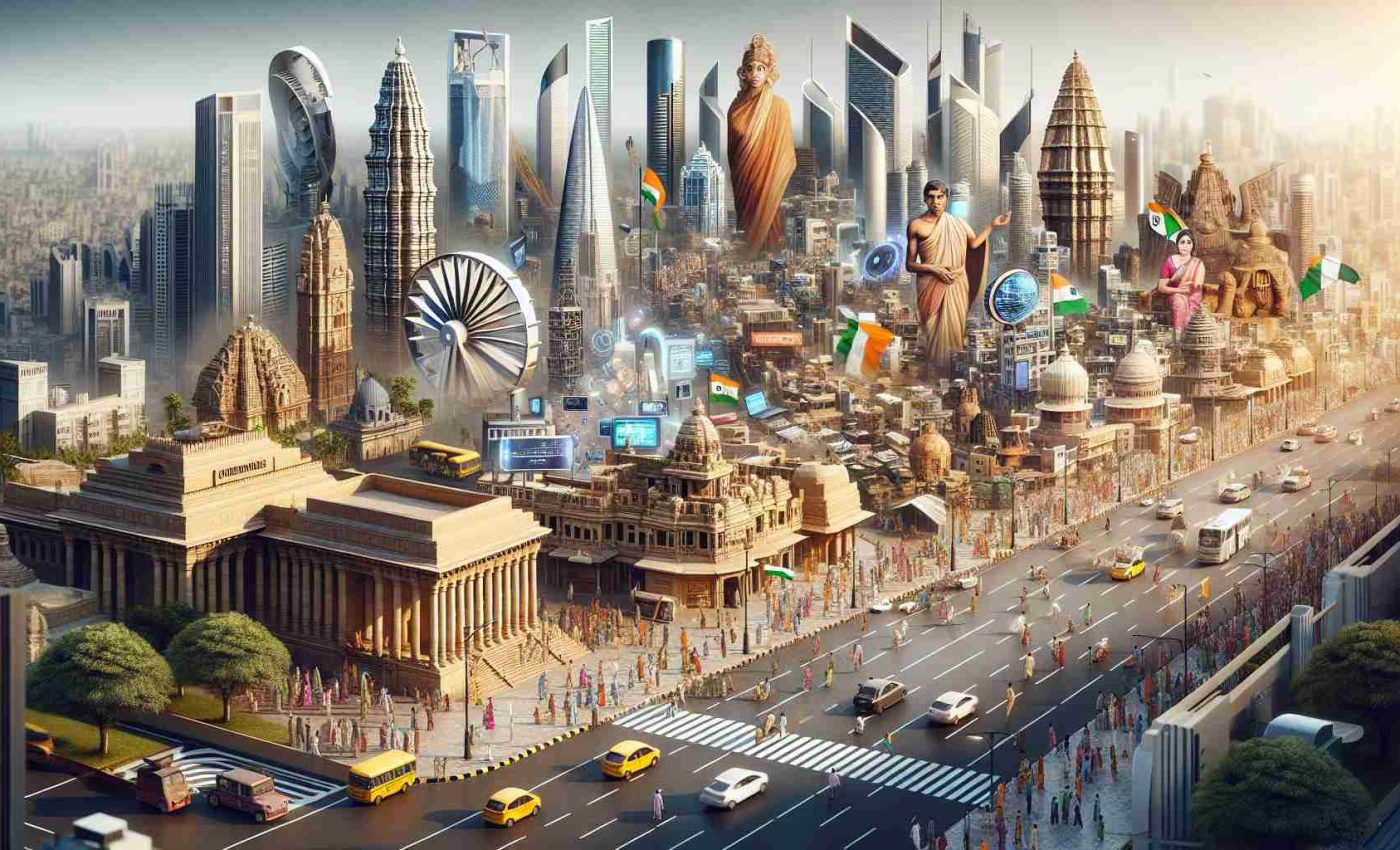 A highly detailed and realistic image depicting major developments in India. The scene includes diverse architectural structures symbolizing growth, various technological advancements, and evidence of cultural progress. The high-definition image should also hint towards the bustling energy of Indian street scenes, with people of all genders and descents going about their daily lives amidst these transformations.