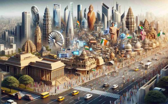 A highly detailed and realistic image depicting major developments in India. The scene includes diverse architectural structures symbolizing growth, various technological advancements, and evidence of cultural progress. The high-definition image should also hint towards the bustling energy of Indian street scenes, with people of all genders and descents going about their daily lives amidst these transformations.