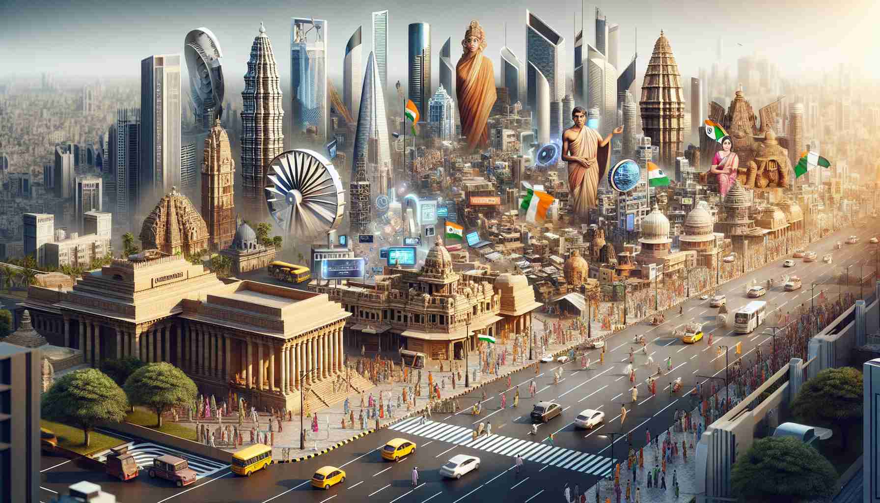 A highly detailed and realistic image depicting major developments in India. The scene includes diverse architectural structures symbolizing growth, various technological advancements, and evidence of cultural progress. The high-definition image should also hint towards the bustling energy of Indian street scenes, with people of all genders and descents going about their daily lives amidst these transformations.