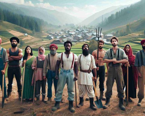 Realistic HD photo illustrating the concept of strong resistance from farming community, primarily concerned over land acquisition plans, with focus on a scenic hilly rural setting, akin to the landscape of Kashmir. Picture should capture the emotion and determination of a diverse group of farmers, each belonging to different descents such as Caucasian, Hispanic, Black, Middle-Eastern, South Asian, and White, united together, holding their farming tools and up in a stance of defiance.