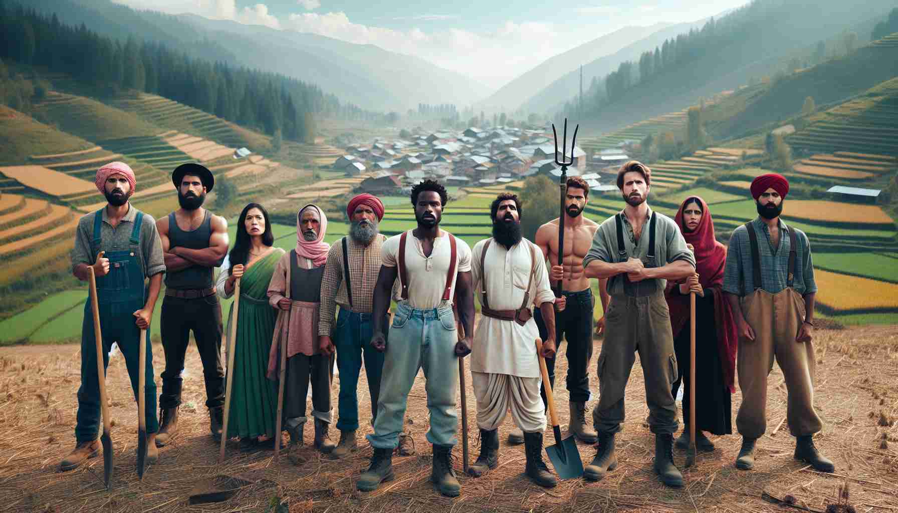 Realistic HD photo illustrating the concept of strong resistance from farming community, primarily concerned over land acquisition plans, with focus on a scenic hilly rural setting, akin to the landscape of Kashmir. Picture should capture the emotion and determination of a diverse group of farmers, each belonging to different descents such as Caucasian, Hispanic, Black, Middle-Eastern, South Asian, and White, united together, holding their farming tools and up in a stance of defiance.