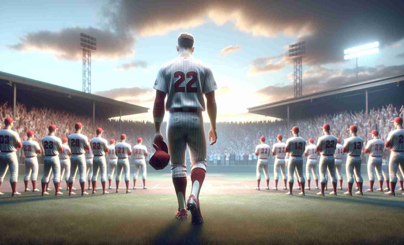 Realistic high-definition image of a hypothetical scene depicting 'The End of an Era', featuring a male baseball player, with short hair and athletic build, leaving the field of a well-known baseball team portrayed by distinctive red and white uniforms. Artistic elements such as the sadness of the spectators and a melancholic sunset could be added for a deeper emotional impact.