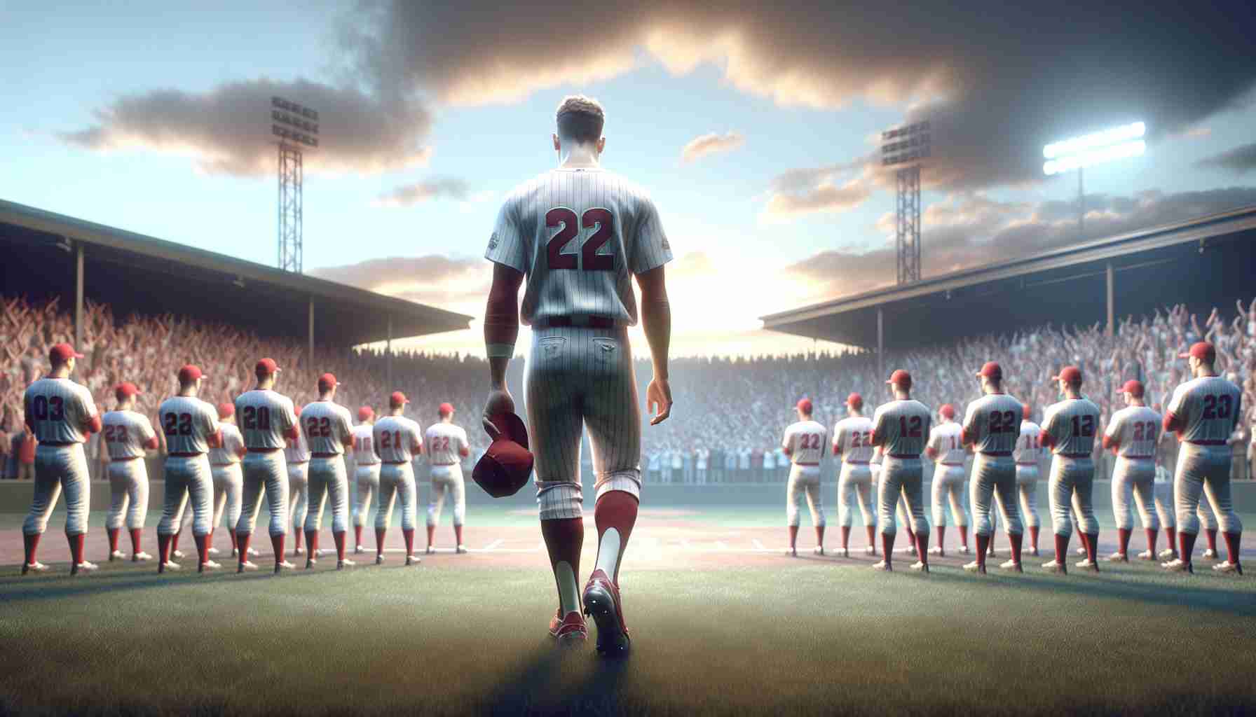 Realistic high-definition image of a hypothetical scene depicting 'The End of an Era', featuring a male baseball player, with short hair and athletic build, leaving the field of a well-known baseball team portrayed by distinctive red and white uniforms. Artistic elements such as the sadness of the spectators and a melancholic sunset could be added for a deeper emotional impact.