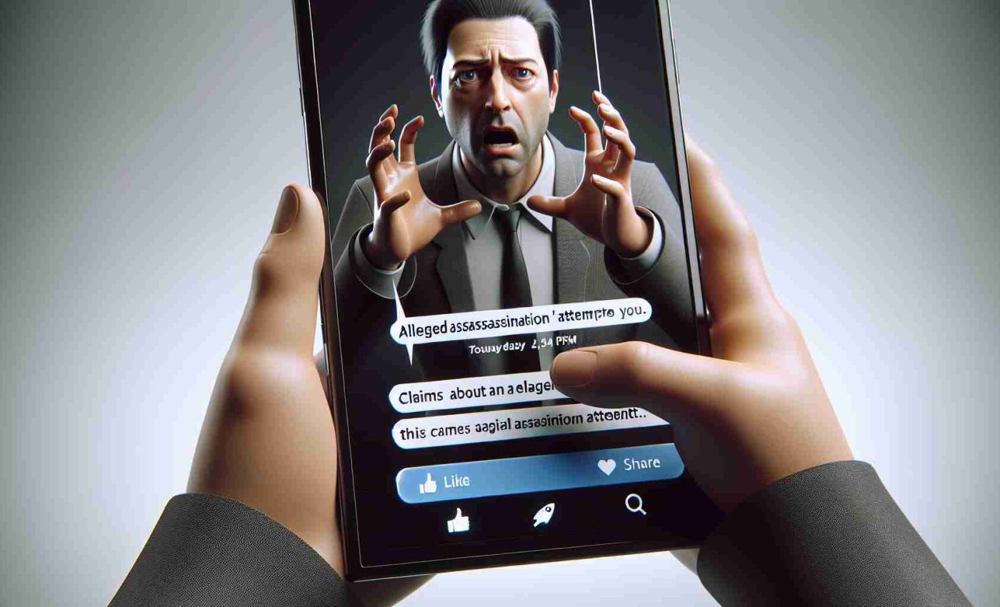 A realistic high-definition image of a generic male public figure expressing a dramatic and intense reaction on social media platform. He claims about an alleged assassination attempt. The figure looks anxious and the surrounding elements should interpret tension. The screen should display typical social media elements like 'like', 'share', and 'comment' icons.