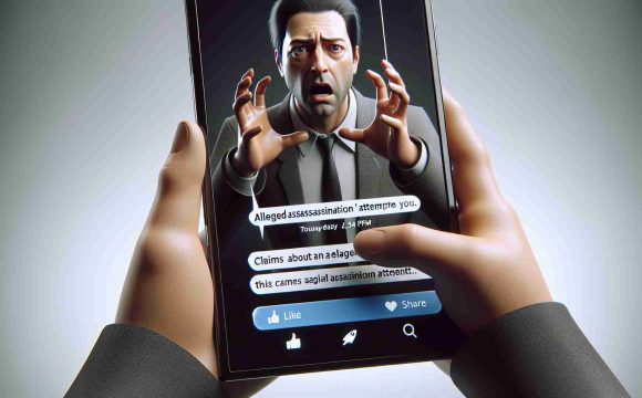 A realistic high-definition image of a generic male public figure expressing a dramatic and intense reaction on social media platform. He claims about an alleged assassination attempt. The figure looks anxious and the surrounding elements should interpret tension. The screen should display typical social media elements like 'like', 'share', and 'comment' icons.