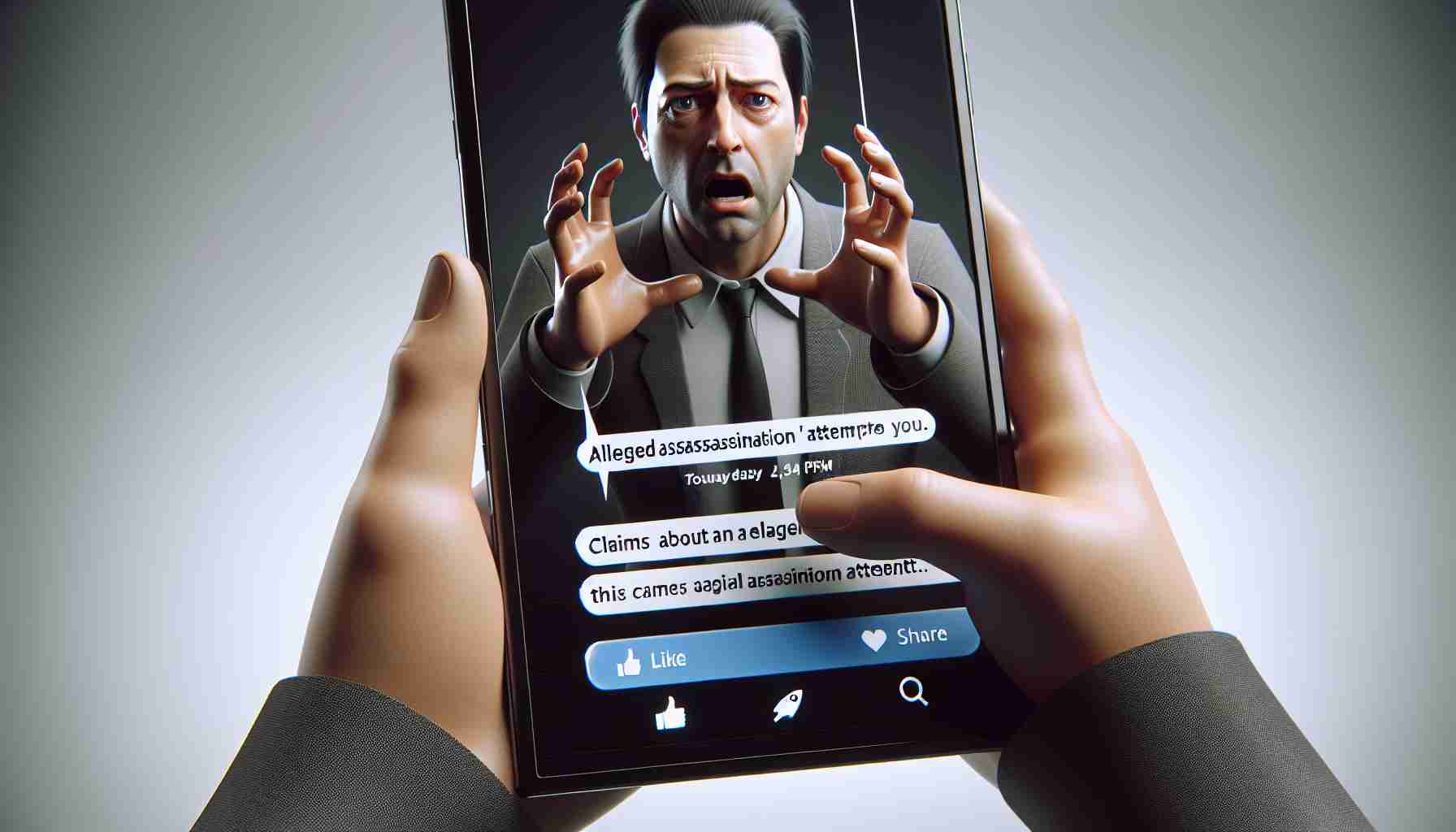 A realistic high-definition image of a generic male public figure expressing a dramatic and intense reaction on social media platform. He claims about an alleged assassination attempt. The figure looks anxious and the surrounding elements should interpret tension. The screen should display typical social media elements like 'like', 'share', and 'comment' icons.