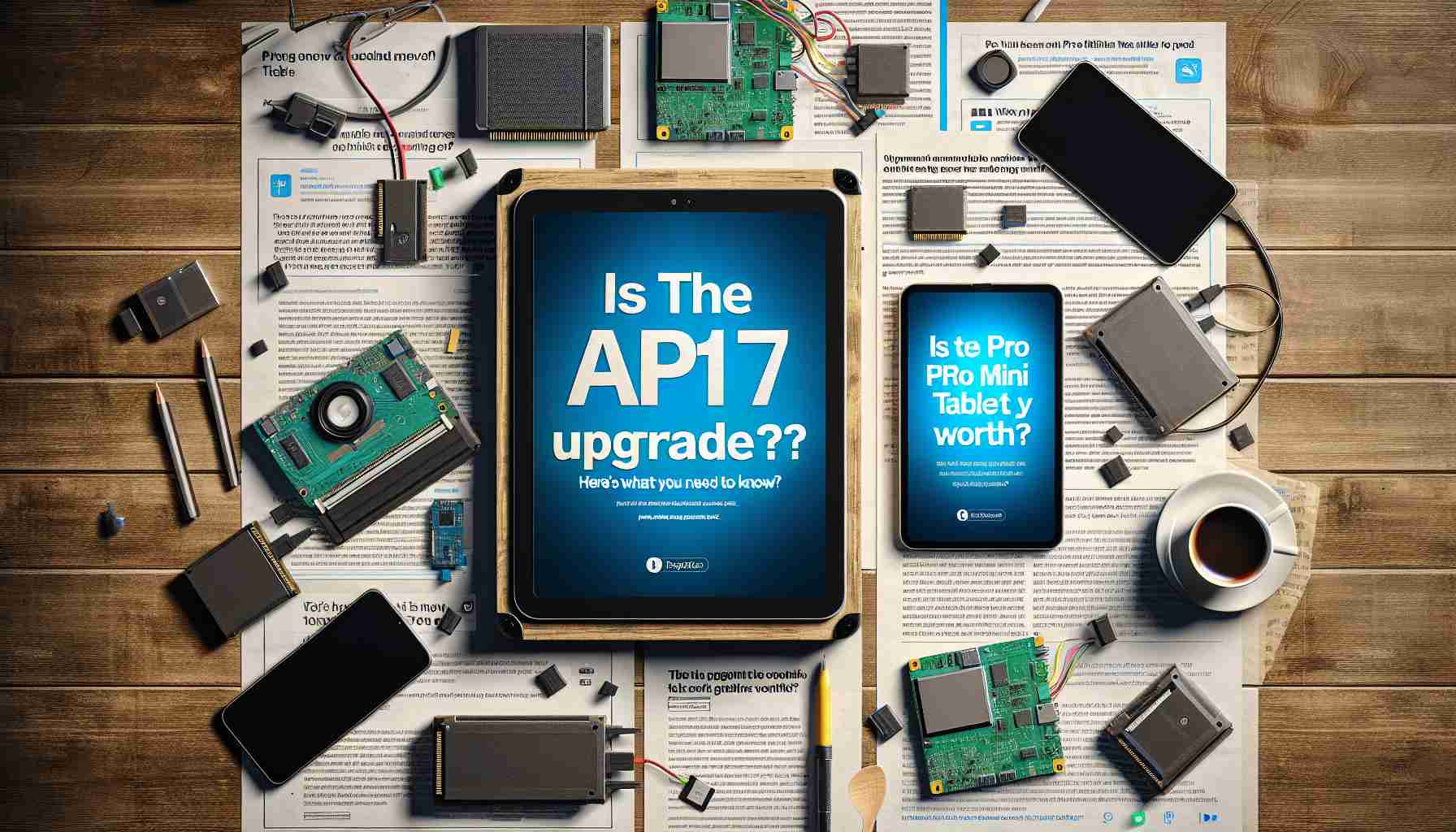 An ultra-high-definition image illustrating the concept of upgrading to a new version, specifically a 'Pro Mini Tablet A17'. Show a previous generation tablet device beside the upgraded version, distinguishing the latter with superior features and advanced technology. Perhaps, the devices are placed on a table surrounded by tech reviews, user guides, and FAQs. This is to provide an overall understanding of whether the update is worth it or not. The phrase 'Is the A17 Pro Mini Tablet Upgrade Really Worth It? Here’s What You Need to Know!' can be displayed at the top of the image.