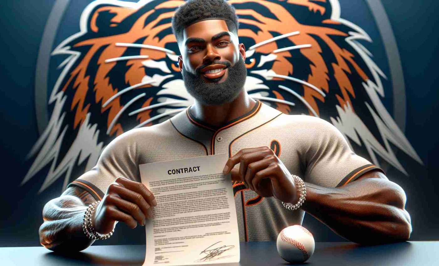 High-definition, realistic image of a significant sports event: a top-rank baseball team, represented by an emblem of a roaring tiger, successfully signs a contract with a star player, a fit and athletic African American man who goes by the name of Terrell May. Show Terrell May dressed in the team's uniform, affirmatively holding up a contract in one hand and a baseball in the other, with a look of excitement and triumph on his face.