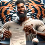 High-definition, realistic image of a significant sports event: a top-rank baseball team, represented by an emblem of a roaring tiger, successfully signs a contract with a star player, a fit and athletic African American man who goes by the name of Terrell May. Show Terrell May dressed in the team's uniform, affirmatively holding up a contract in one hand and a baseball in the other, with a look of excitement and triumph on his face.