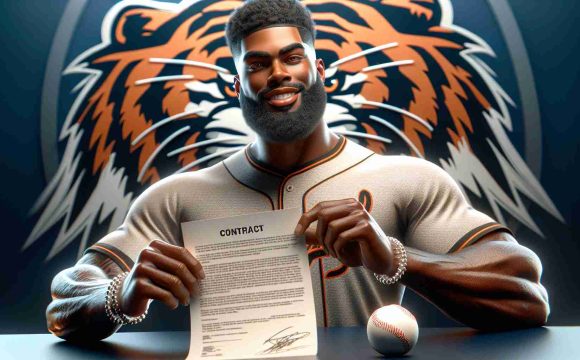 High-definition, realistic image of a significant sports event: a top-rank baseball team, represented by an emblem of a roaring tiger, successfully signs a contract with a star player, a fit and athletic African American man who goes by the name of Terrell May. Show Terrell May dressed in the team's uniform, affirmatively holding up a contract in one hand and a baseball in the other, with a look of excitement and triumph on his face.