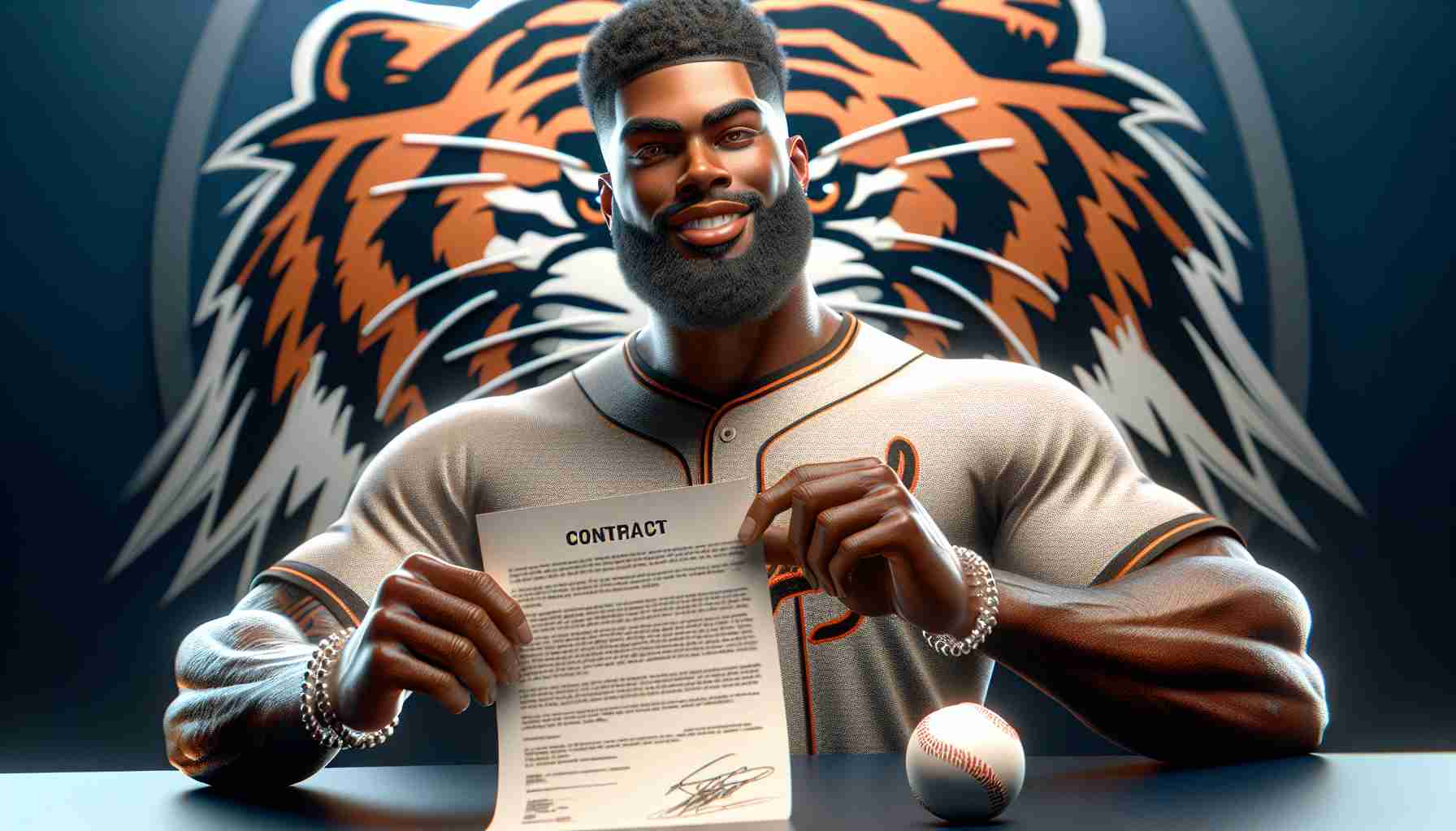 High-definition, realistic image of a significant sports event: a top-rank baseball team, represented by an emblem of a roaring tiger, successfully signs a contract with a star player, a fit and athletic African American man who goes by the name of Terrell May. Show Terrell May dressed in the team's uniform, affirmatively holding up a contract in one hand and a baseball in the other, with a look of excitement and triumph on his face.