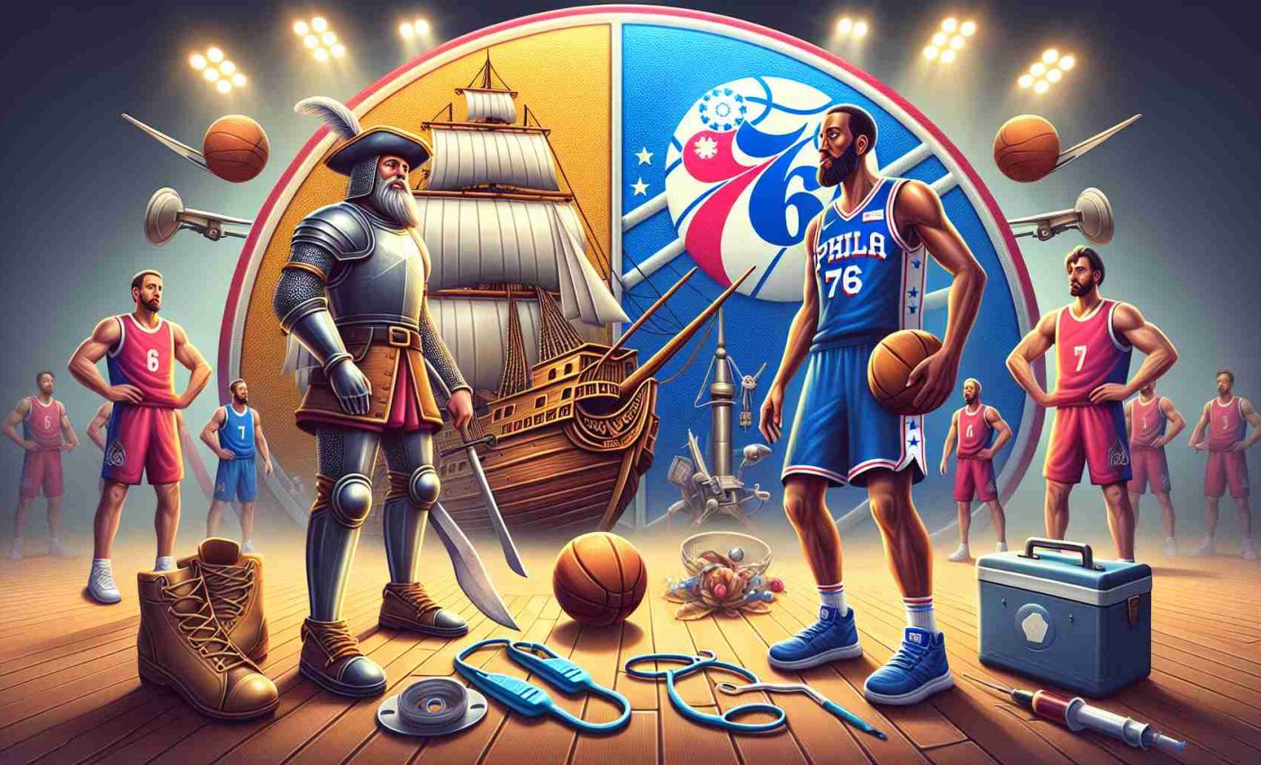 High-definition, realistic illustration of an underdog basketball team, represented by emblems of a 17th-century English ship and a 1946 industrial worker, signifying 76ers, face off an undefeated team symbolized by a medieval cavalier, in the middle of an intense game. The atmosphere should show signs of a crisis, possibly represented by medical equipment scattered or a player wearing a support brace, showing the severity of the situation.