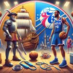 High-definition, realistic illustration of an underdog basketball team, represented by emblems of a 17th-century English ship and a 1946 industrial worker, signifying 76ers, face off an undefeated team symbolized by a medieval cavalier, in the middle of an intense game. The atmosphere should show signs of a crisis, possibly represented by medical equipment scattered or a player wearing a support brace, showing the severity of the situation.