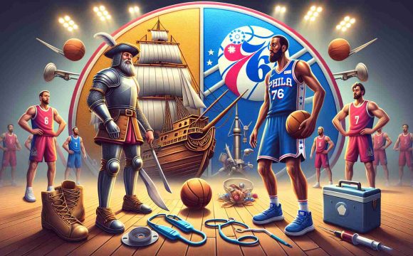 High-definition, realistic illustration of an underdog basketball team, represented by emblems of a 17th-century English ship and a 1946 industrial worker, signifying 76ers, face off an undefeated team symbolized by a medieval cavalier, in the middle of an intense game. The atmosphere should show signs of a crisis, possibly represented by medical equipment scattered or a player wearing a support brace, showing the severity of the situation.